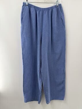 FLAX Women’s Linen Blue White Striped Pants Elastic Waist Relaxed Pockets Size M